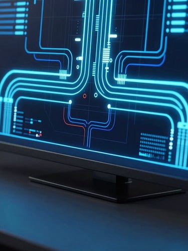 Macro detail shot of a high-end workstation console, glowing neon blue data visualization pipelines on a vertical dark screen, sleek obsidian desk, cinematic studio lighting.