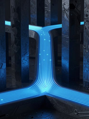 Sleek 3D render of a glowing blue data pipeline flowing through dark obsidian architectural pillars, cinematic studio lighting, octane render.