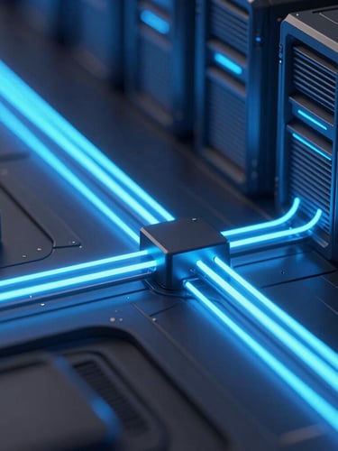 Macro detail shot of glowing neon blue data pipelines traversing dark obsidian server architecture, sleek 3d render, octane render, cinematic lighting