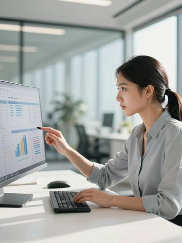 Candid medium-wide shot of a focused female executive analyzing data on a clean digital interface in a sunlit, contemporary architectural office, soft natural shadows, shallow depth of field.