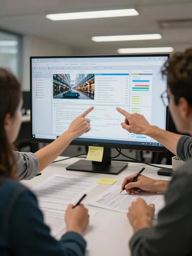 Medium-wide environmental shot of a creative team mid-session around a large monitor showing campaign analytics, overhead fluorescent and tungsten mix, printed briefs and sticky notes on the desk surface, hands pointing at screen, no posed smiles
