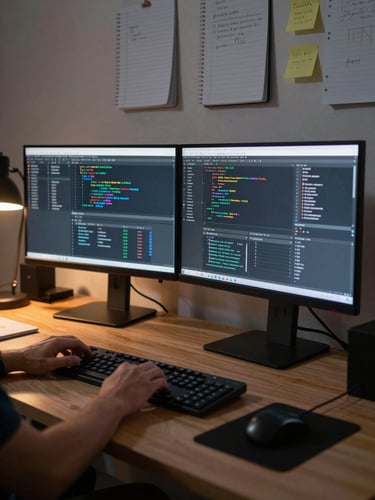 Medium-wide shot of a creative studio workspace at dusk, two large monitors displaying data dashboards and code side by side, ambient tungsten desk lamp casting warm pools on the desk surface, a hand reaching toward a keyboard in the foreground, notebooks and sticky notes visible on the wall behind