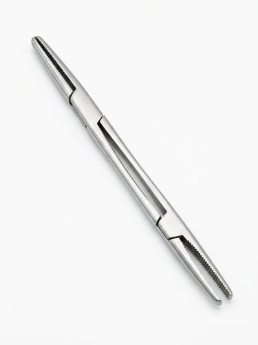 Bright high-key product photography of a surgical forceps on a seamless clinical white backdrop, crisp studio light, macro lens, sharp focus on the metallic texture.