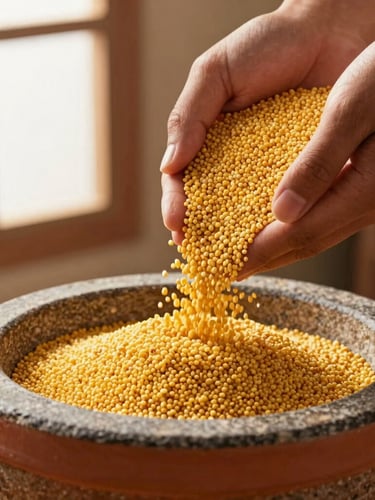 Hands gently pouring millet grains into a traditional stone grinder, warm morning light, focus on the texture of the grains, rich terracotta and turmeric tones.