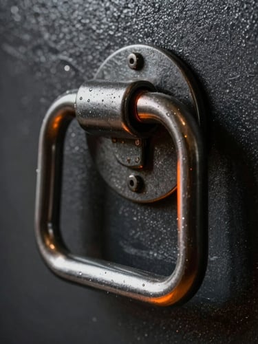 Dramatic high-contrast photo of a heavy steel safe handle, macro detail, dark background, safety orange glow on the edge.