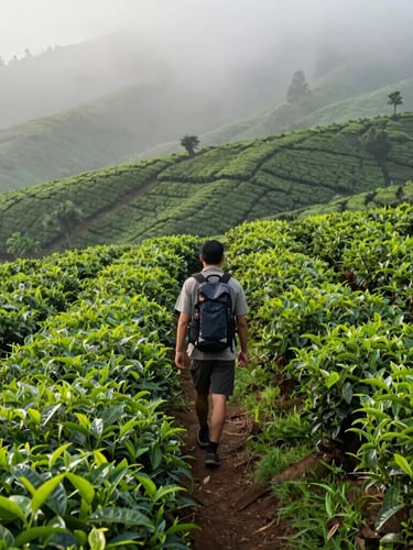 Lush green tea plantation in Malang highlands, soft morning mist, a single traveler walking along the path with back to the camera, vertical portrait composition