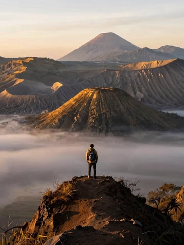 Wide-angle panoramic view of Mount Bromo caldera at sunrise, soft morning mist filling the valley, a single traveler standing quietly on the ridge with back to the camera, warm golden light hitting the peaks.