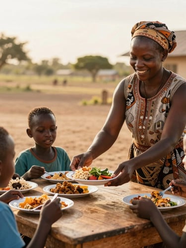 Authentic Mozambican setting, a local caregiver smiling warmly while serving a healthy meal to children at a wooden table, soft golden hour light