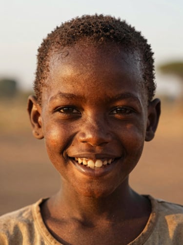 A close-up portrait of a smiling Mozambican child in warm golden hour light, authentic setting, candid expression, 35mm lens