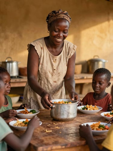 A local Mozambican caregiver smiling while serving a hot meal to children at a wooden table, warm golden light, authentic kitchen setting, 35mm lens