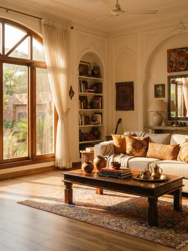 Warm editorial interior photography of a sun-drenched Karachi villa living room, golden-hour window light casting soft shadows on premium SPC flooring, 35mm