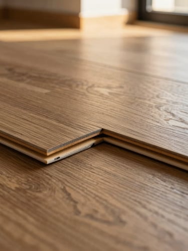 Macro detail shot of premium SPC flooring planks showing the interlocking joint system, rich wood grain texture under soft diffused side light, extreme precision, 35mm