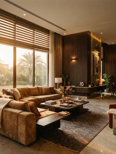 Wide shot of a luxury villa living room in Karachi, golden-hour sunlight filtering through elegant wooden zebra blinds, showcasing rich textures of fluted wall panels, 35mm photography