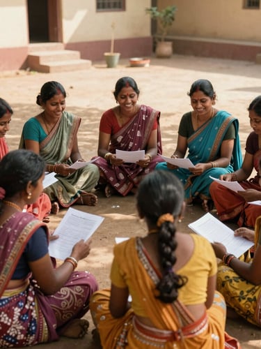 A group of rural Indian women sitting in a circle in a sunlit courtyard, discussing documents, smiling, warm earth tones, documentary style.