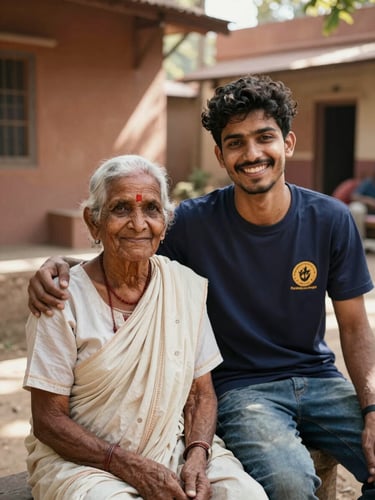 A warm portrait of an elderly resident and a young volunteer smiling together in a sunlit courtyard in Beed, documentary style, natural Indian sunlight, rich earth tones.