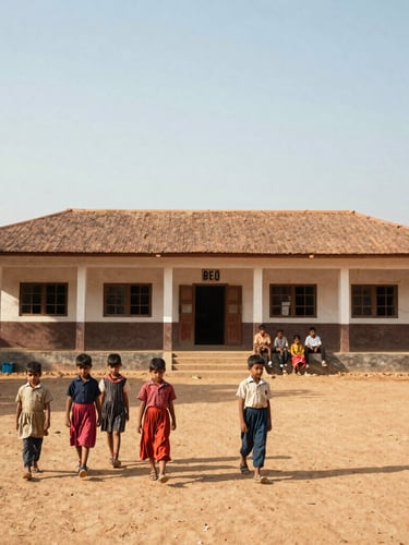 Wide shot of a rural school building in Beed under warm Indian sunlight, children walking in the foreground, documentary style
