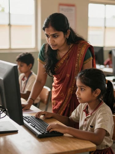 A local woman instructor guiding a young student at a computer terminal in a bright rural classroom, natural sunlight, warm earth tones