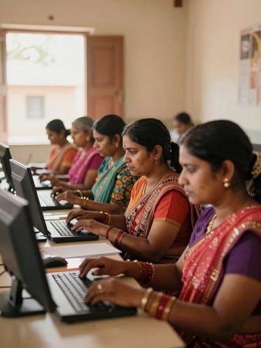 A group of rural women participating in a vocational computer literacy workshop in Beed, natural indoor light, documentary style