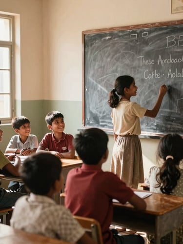 Medium shot of a classroom in Beed with natural Indian sunlight streaming through windows, children smiling and looking at a blackboard, warm editorial style