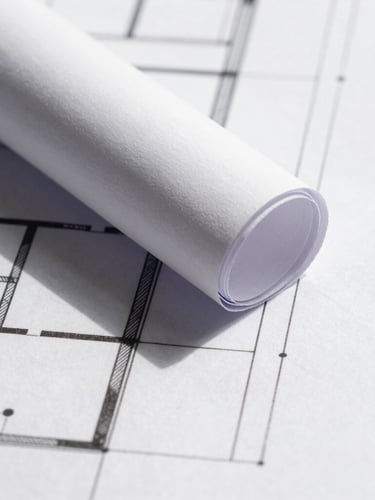 Macro detail of architectural blueprint with sharp geometric shadows, direct high-key sunlight, clean lines