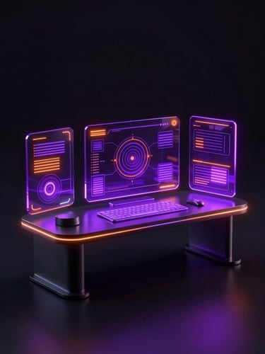 Sleek 3D render of a futuristic holographic workstation, dark obsidian background, vibrant violet and neon orange ambient lighting, high contrast, octane render style