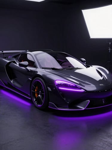 Sleek futuristic sports car in a dark studio setting, glowing purple neon underlighting, high-contrast studio strobes, glossy obsidian body, 3D octane render style.