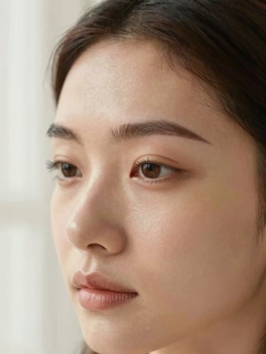 Close-up of a woman's forehead and brow under soft diffused window light, brows groomed and lightly filled, skin visibly luminous with a barely-there satin finish. Natural daylight, no drama, warm ivory tones. Subject off-center, generous surrounding negative space.