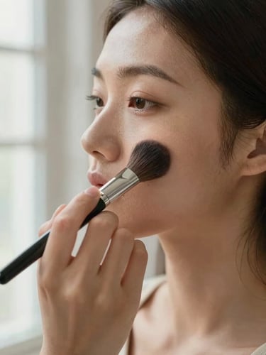 Close tight frame of a makeup artist's hands applying a light wash of product to a client's cheek with a soft brush, natural window light from the left, skin texture visible, warm neutral tones, calm and precise