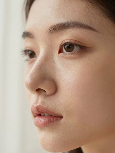 Extreme close-up of a woman's cheek and eye area under soft north-facing window light, skin texture finely visible — pores, subtle warmth — with the faintest wash of blush and a barely-there mascara line; no heavy product, no filter; ivory negative space at the left edge