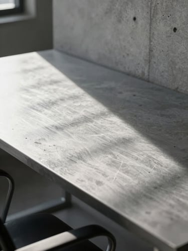 A sharp, close-up architectural composition of a modern concrete workspace, cool diffused morning light casting precise geometric shadows across a clean steel desk.