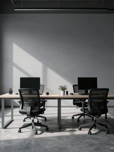 Wide, perfectly centered architectural composition of a modern workspace, cool diffused studio light, sharp defined shadows, monochromatic cool gray tones.