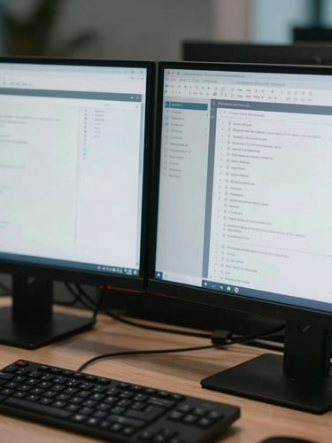 Medium close-up of a high-end secure dual-monitor setup displaying clean data dashboards, daylight-balanced cool lighting, sharp focus, technical precision
