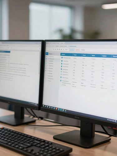 Medium close-up of secure, high-end dual monitors showing clean compliance dashboards in a daylight-balanced professional office environment.
