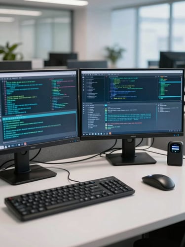 A clean, modern, secure operations desk with dual monitors displaying encrypted data streams, cool daylight-balanced lighting, biometric scanner visible on the side, distraction-free corporate environment.