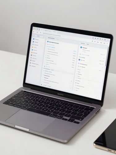 Medium close-up of a high-end secure laptop showing clean data dashboards on a clean, distraction-free slate desk, bright neutral daylight-balanced studio lighting, cool undertones.