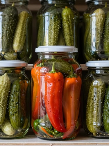 Straight-on eye-level portrait shot of traditional glass pickle jars filled with colorful peppers and cucumbers, soft natural pantry light reflecting off the glass, deep military green and white tones, rich textures