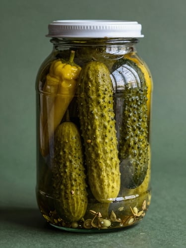 Straight-on portrait of traditional glass pickle jars filled with vibrant green cucumbers and yellow peppers, soft natural pantry light, deep military green background, heritage food photography