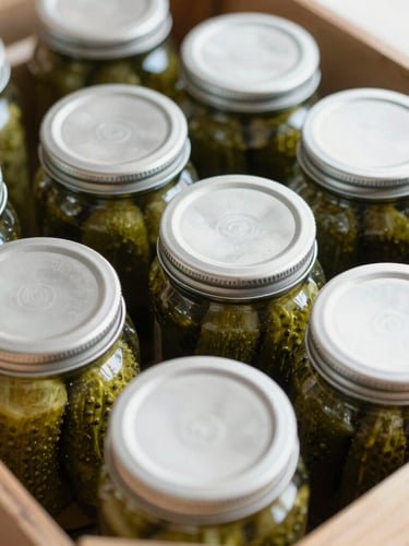 Overhead macro shot of tightly sealed glass pickle jars packed neatly in a structured wooden crate, soft diffused daylight, rich textures of glass and wood