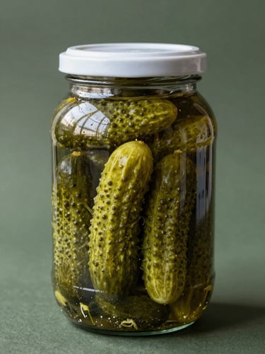 Straight-on eye-level portrait shot of a traditional glass jar filled with vibrant green pickled cucumbers, soft natural daylight, deep military green background, rich textures, 50mm lens