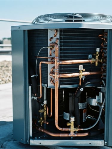 Pristine commercial condenser unit with clean copper piping welds, bright daylight, high-contrast mechanical details, cool blue and metallic tones, 35mm photography.
