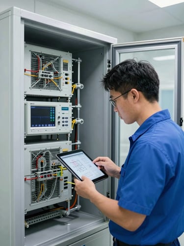 A professional technician analyzing complex system schematics on a tablet inside a clean commercial mechanical room, bright utility lighting, cool metallic tones, high-contrast.