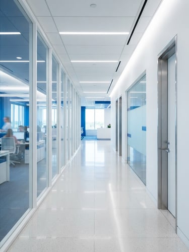 Bright commercial photography of a modern, clean corporate hallway, high-key studio lighting, crisp blue and white tones, sharp focus, professional 35mm