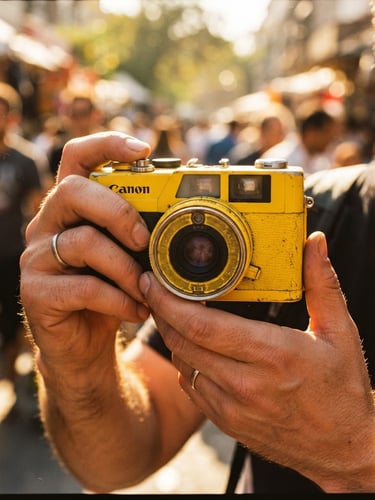 Close-up of hands holding a yellow retro analog camera, harsh direct sunlight, saturated golden tones, 35mm lens style