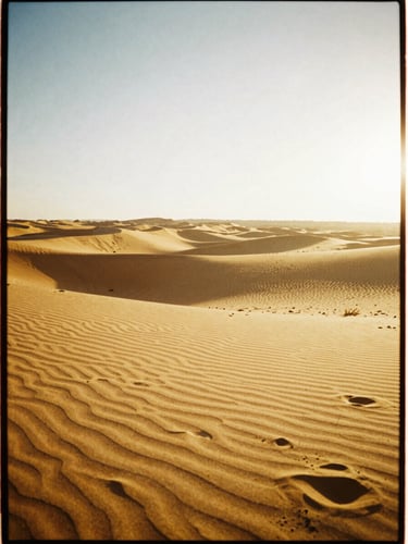Raw unedited photo of a desert landscape at golden hour, dramatic light leaks, warm analog film photography, visible film borders