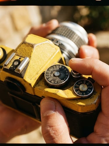 Close-up of the tactile dials of a retro canary yellow analog camera held in hands, uncropped photo with raw film borders, harsh direct sunlight, saturated golden tones