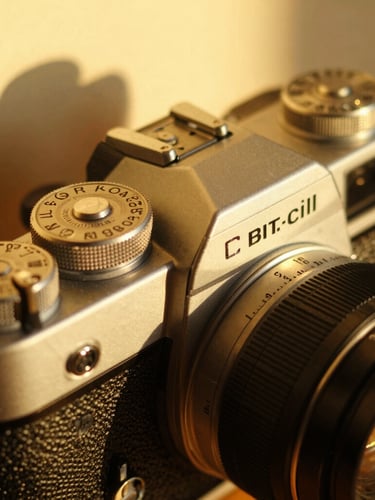 Close-up of the camera's tactile brass dials and fixed 35mm lens, direct golden hour sunlight casting long shadows.