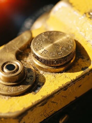 Extreme close-up of brass tactile dials on a yellow camera body, harsh direct sunlight, saturated golden tones, dust particles visible, 35mm lens.