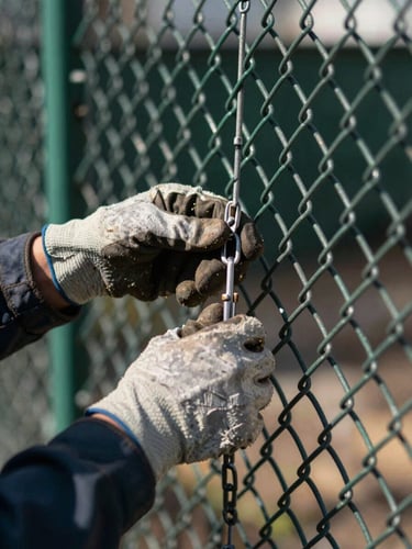 Close-up portrait shot of a skilled technician's hands tensioning heavy-gauge chain link fencing, wearing work gloves, hard direct sunlight casting sharp shadows, metallic textures, deep green and charcoal tones, sharp focus, 35mm.