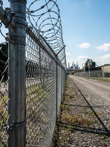 Wide panoramic shot of a heavy-gauge industrial chain link fence stretching into the distance under harsh afternoon sunlight, emphasizing structural rigidity and security, low-angle, sharp focus, metallic textures.