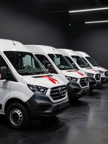 Wide panoramic showroom-lit view of a row of matching white corporate vans with precision-cut dark graphite and crimson vinyl branding, aligned in three-quarter perspective on a polished black floor, dark charcoal studio background, cool side-fill lighting revealing clean wrap edges and surface texture